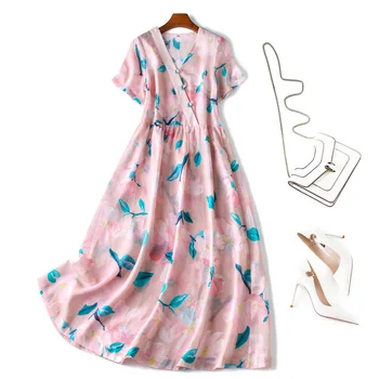 

100% Ramie Bohemian Print Dress V-Neck Sundress Summer Female Womens Dresses New Arrival 2020 Vestidos Largos De Verano