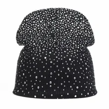 Новинка, зимняя женская вязаная шапка, блестящая зимняя шапка со стразами, наружная теплая шляпа, модная кепка