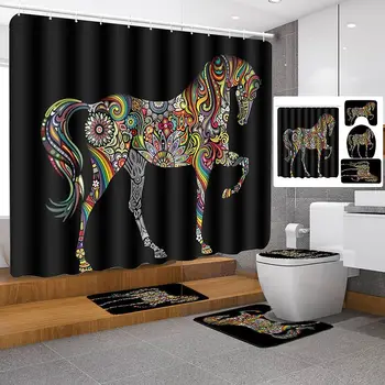 

Meigar Bathroom Set Colorful Horse Waterproof Shower Curtain 3pcs Non-Slip Bath Mats Pedestal Rug Toilet Seat Cover