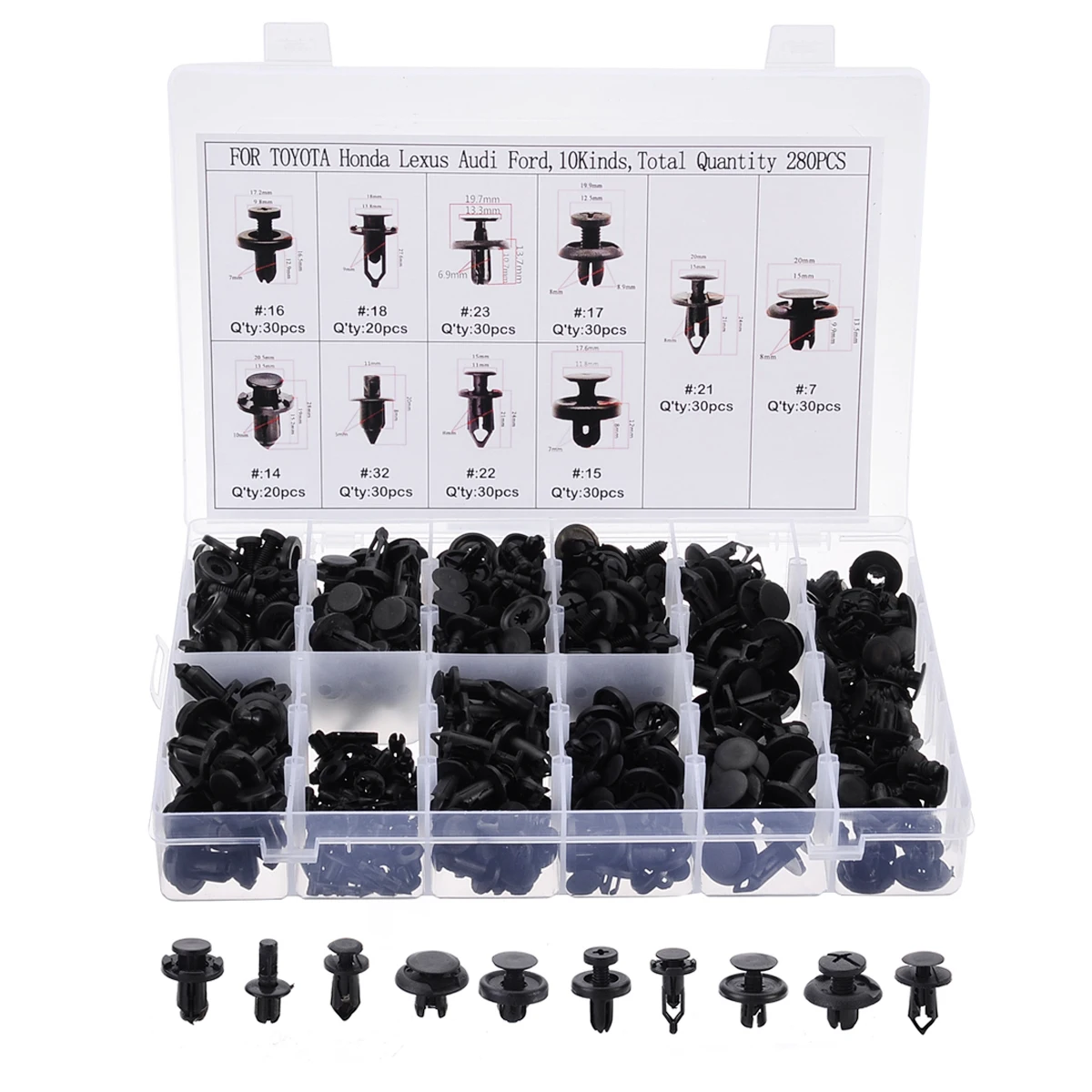 

280pcs Car Bumper Fastener Door Panel Fender Fixing Clip Expanding Retainer Rivets Mixed Universal for Audi Ford Honda Toyota