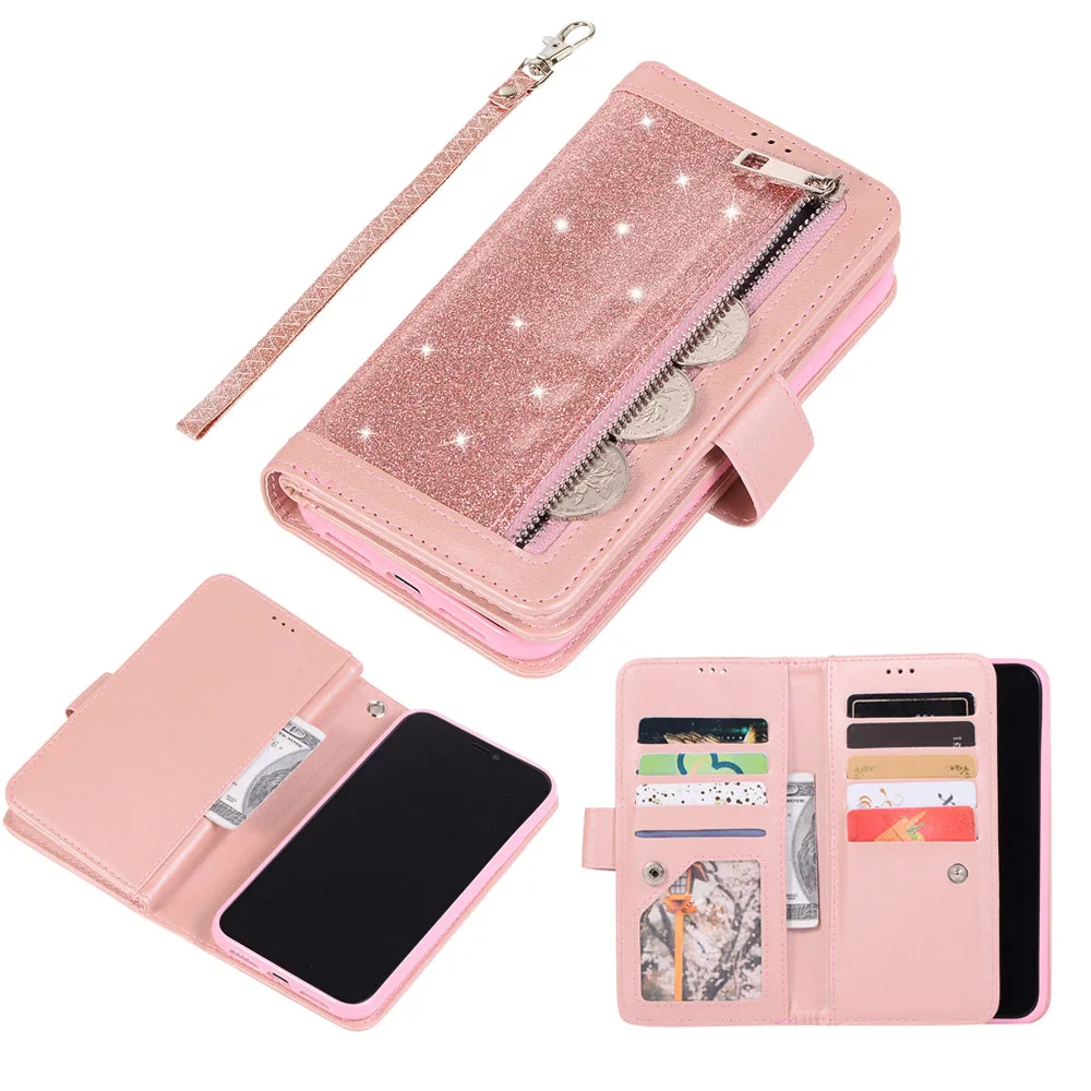 

Zipper Glitter Leather Case For iPhone 11 Pro Max 2019 Wallet Card Magnetic Flip Cover Book Phone Cases for iPhone XR X XS Max