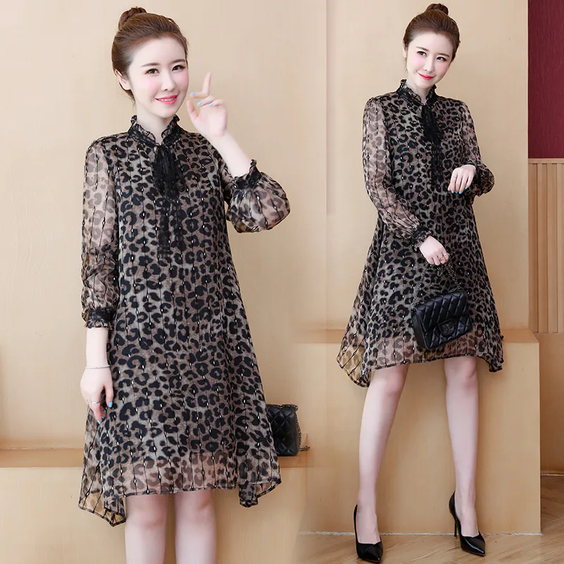 

Large Size Dress 2019 Autumn Clothing New Style Large GIRL'S Dress Leopord Pattern Dress-Style Slimming 200