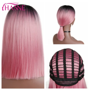 HANNE Ombre Pink/Brown/Grey Straight Shoulder Longth Synthetic Wigs Heat Resistant Hair For Black/White Women Cosplay Or Party 5