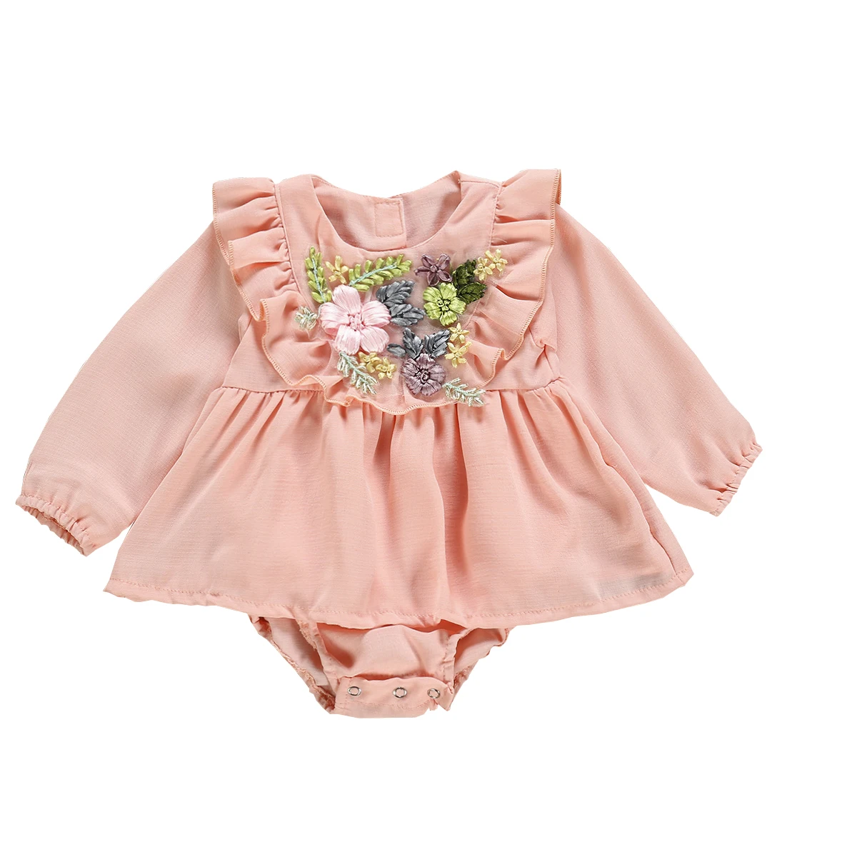 Cute Newborn Baby Girl Long Sleeve Floral Solid Color Dress Romper Jumpsuit Playsuit Outfits Baby Clothes - Цвет: Розовый