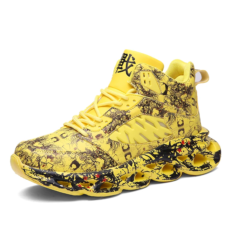 Модная повседневная мужская обувь; дышащая обувь с сеткой и граффити; мужские Нескользящие кроссовки для бега; удобная легкая обувь; Новинка; большие размеры - Цвет: Yellow