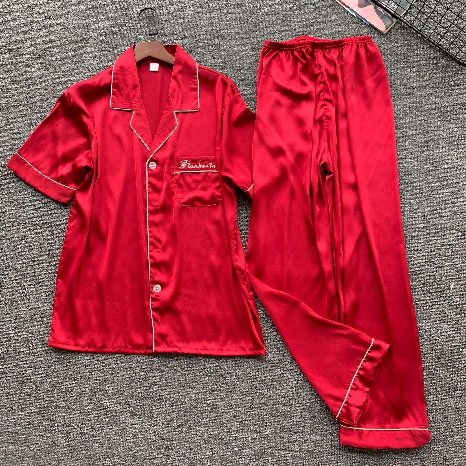 Розовый Для мужчин Белье для сна, комплект из 2 предметов атласный с коротким рукавом Топ и Штаны, одежда для сна с принтом кимоно платье Повседневное Домашняя одежда новые летние, Детские пижамные комплекты