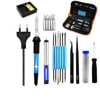 

Eu Plug 220v 60w Adjustable Temperature Electric Soldering Iron Kit+5pcs Tips Portable Welding Repair Tool Tweezers Solder Wire