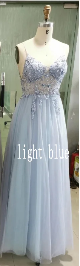 light blue Сексуальные вечерние платья длиной до пола, расшитые бисером, с v-образным вырезом, с разрезом, Robe De Soriee, с открытой спиной, тонкие лямки, Тюлевое, вечерние платья для выпускного вечера - Цвет: light blue