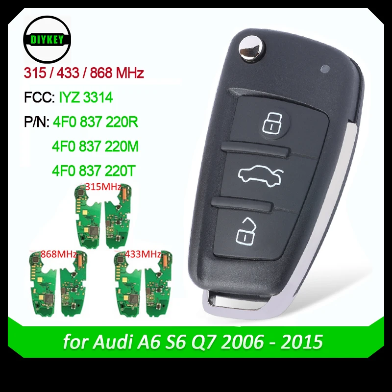 

DIYKEY Remote Key Fob Control FSK 315/433/868MHz 8E Chip for Audi A6 S6 Q7 2004-2015 FCCID: IYZ 3314 P/N: 4F0837220 R / M / T