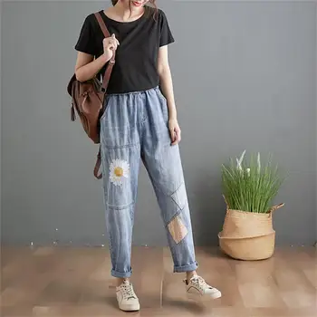 

2020 Autumn New Style Large GIRL'S Large Size Jeans Female High-waisted Loose Slimming Elastic Waist Applique Cowboy Baggy Pants