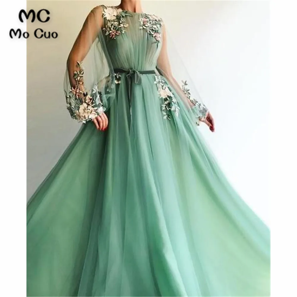 

Charming A-Line Green Prom Dresses Long with Flowers Appliques Prom Dress Evening Dress Tulle Evening Party Dress Prom Gown
