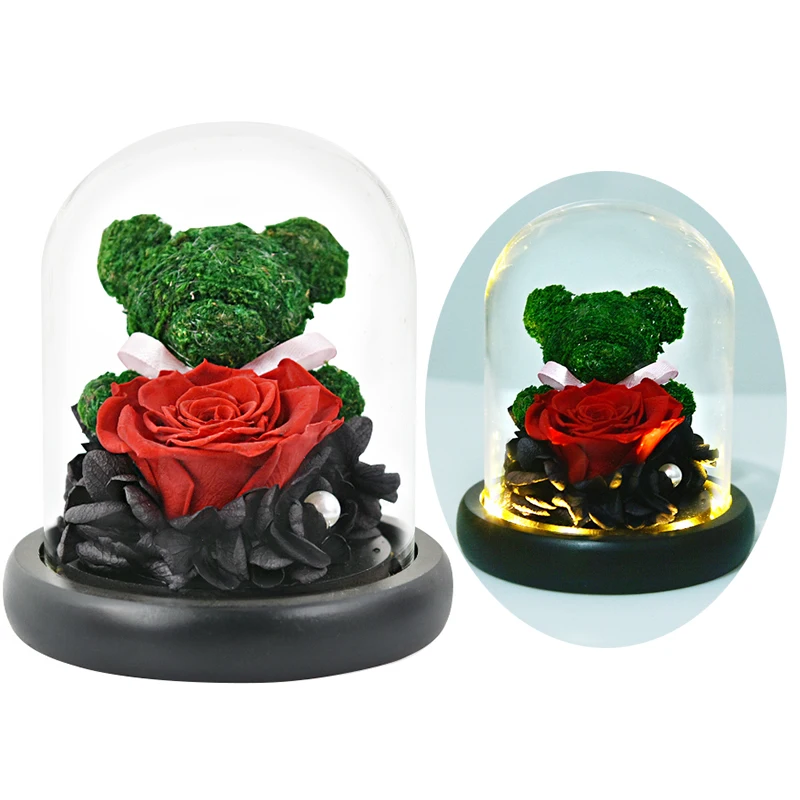 17cm Green Bear Прямая поставка, красная роза в стеклянном куполе, светодиодный светильник с деревянной основой, подарок ко дню матери Святого Валентина - Цвет: 17cm Green Bear