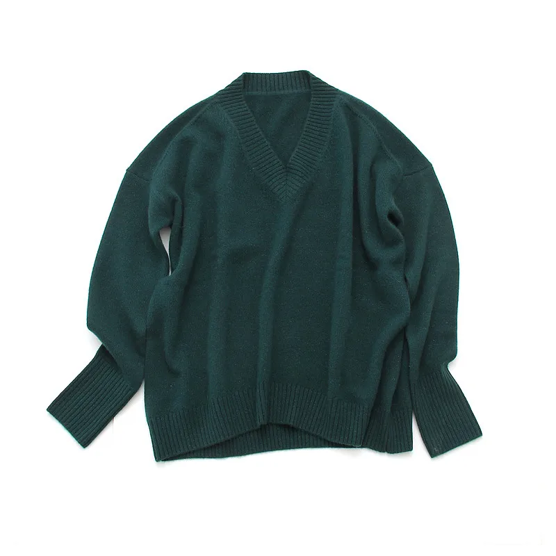 Кашемировый яркий вязаный женский Широкий свободный пуловер с круглым вырезом темно-зеленого цвета, один и более размер