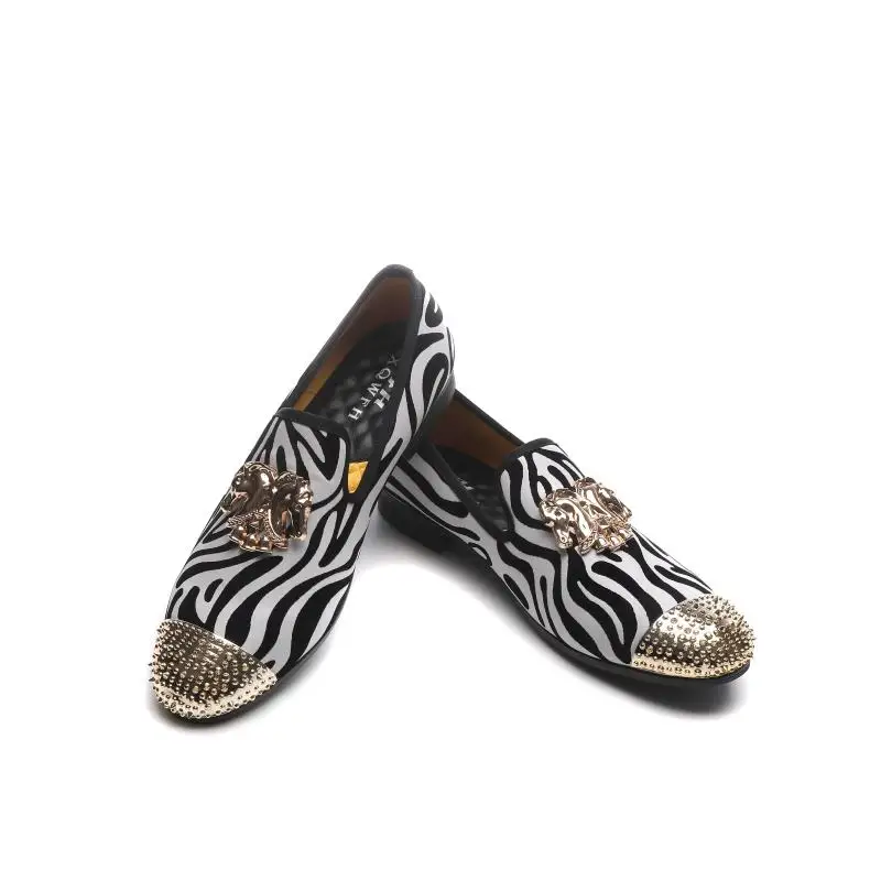 Men Wedding Shoes Gold Horse Buckle And Zebra Print Leather Loafers Fashionable Nightclub Party Shoes