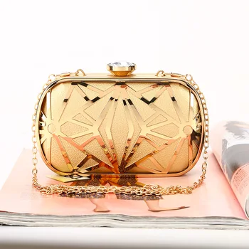 

Women Metal Frame Evening Handbag Pu Leather Metral Geometry Pattern Haspa Closer Clutch Purse Fashion Handbag for Party Lady