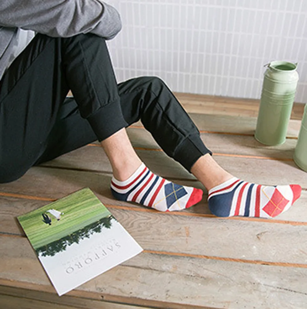 New Mens Comfortable Sports Mosaic Pattern Cotton Sock Stripe Series Fashion Casual Slippers Short Soft Ankle Socks