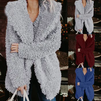 

2019 New Women's Fashion Solid Casual Ladies Warm Artificial Wool Coat Jacket Lapel Winter Outerwear