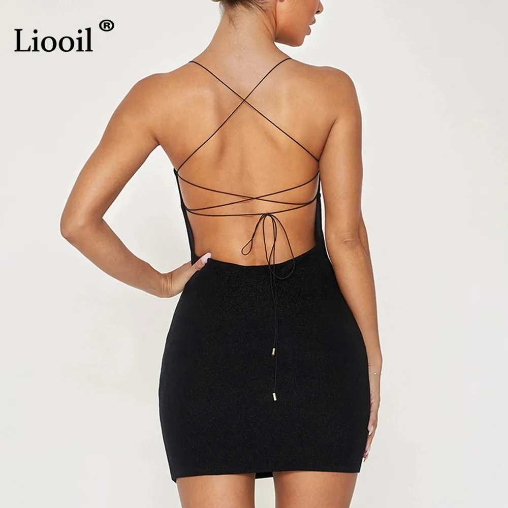 Liooil, яркое шелковое облегающее мини-платье, женская сексуальная клубная одежда, без рукавов, с открытой спиной, черные вечерние облегающие бандажные платья для ночного клуба