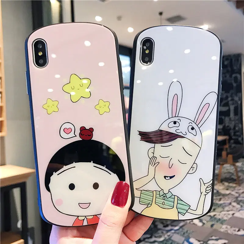 

for Iphone Xs Max Case New Tempered Glass Oval Shaped Phone Cases for Iphone 7 8 Plus Xr X Back Cover Cute Cartoon Glossy Coque
