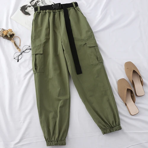 green pants Neploe Harajuku уличные брюки карго Женские повседневные джоггеры спортивные штаны с высокой талией свободные женские брюки корейский пояс - Color: green pants