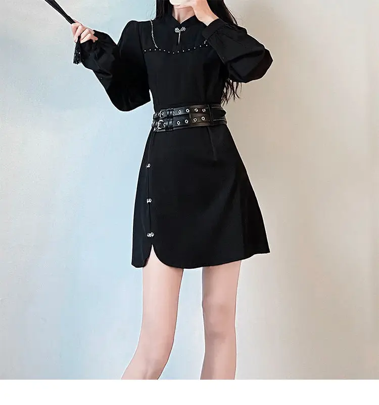 Dresses Women Autumn Pure-black Irregular Vintage Oversized S-3XL Long Puff Sleeve Design Chinese Style Hipsters Casual Ins Cozy cute dresses