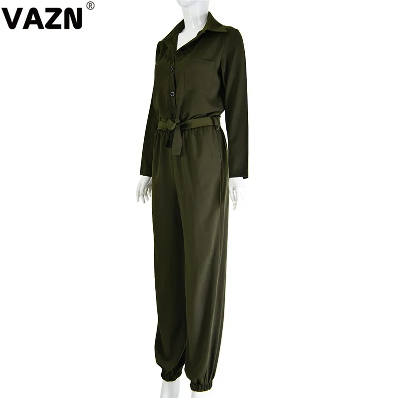 VAZN FD8178 Желтый сплошной Карандаш Bodycon длинные штаны сексуальный женский комбинезон с отложным воротником Длинные рукава спортивные костюмы длинный комбинезон