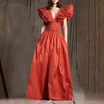 

Ailigou 2020 Summer Women'S Long Dress Deep V-Neck Lotus Leaf Sleeve Retro Dress Lotus Leaf Embroidery Sexy Party Dress