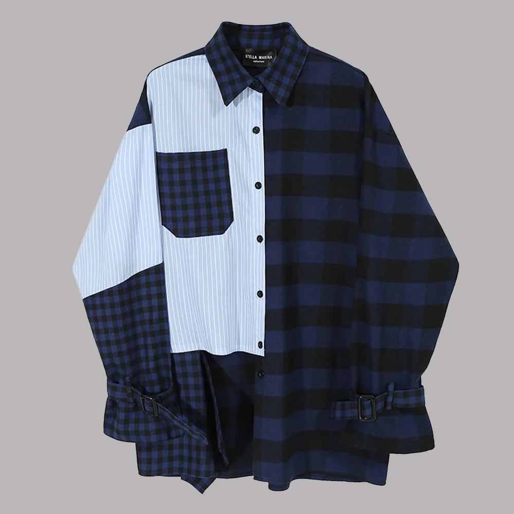 

Korean Version Japanese Blouse Spring Autumn Fashion Casual Hong Kong Style Stitching Color Lattice Pocket Lapel Long Sleeve