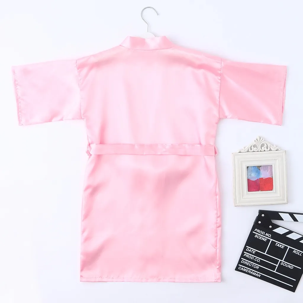 Toddler Baby Kids Girls Solid Silk Satin Kimono Robes Bathrobe Sleepwear Clothes 1PC Bathrobe+1PC Ribbons G1021