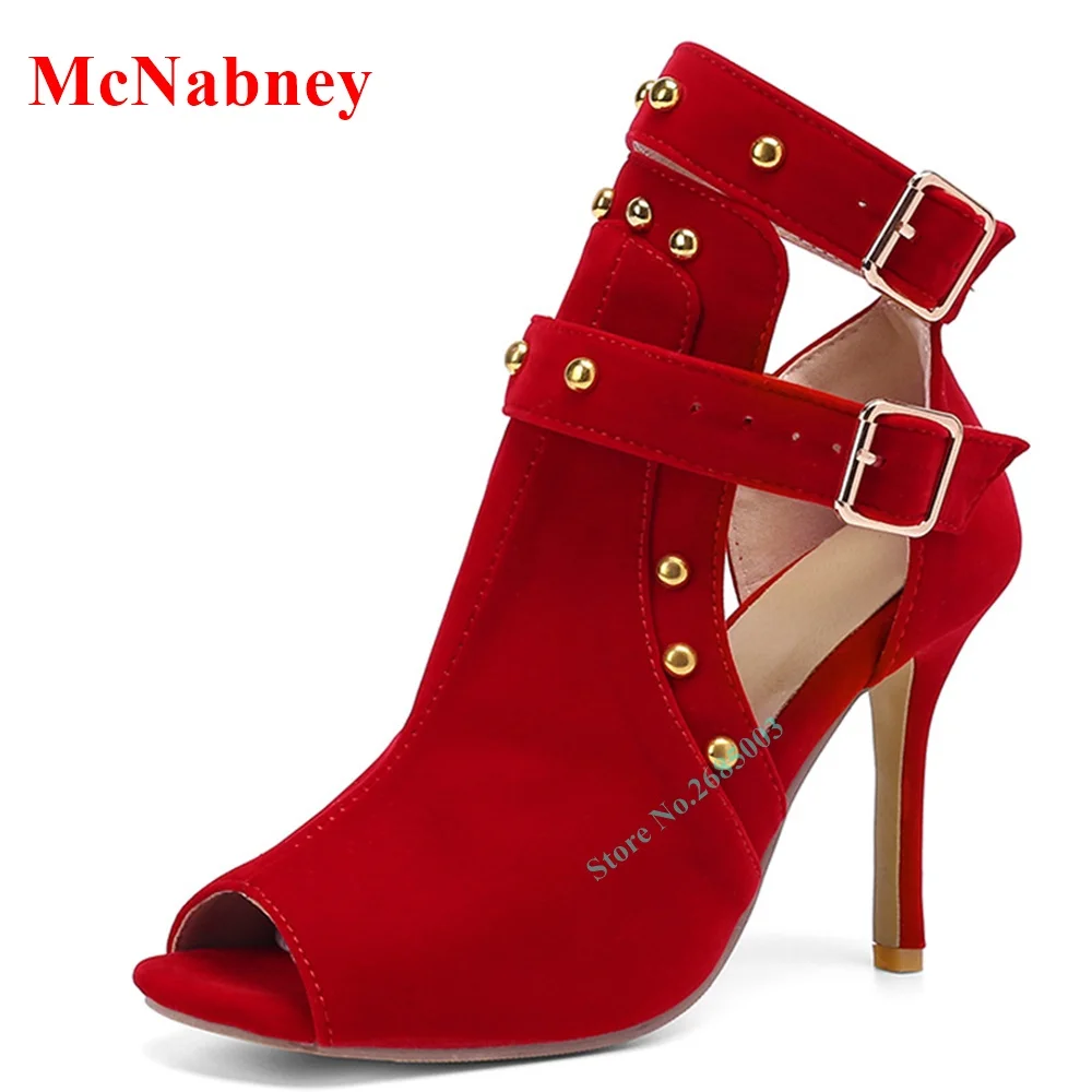 

Suede Rivet Peep Toe Ankle Pumps Buckle Straps Thin High Heel Solid Sexy Red Shallow Pump Women Shoe Party Dress Shoes Spring
