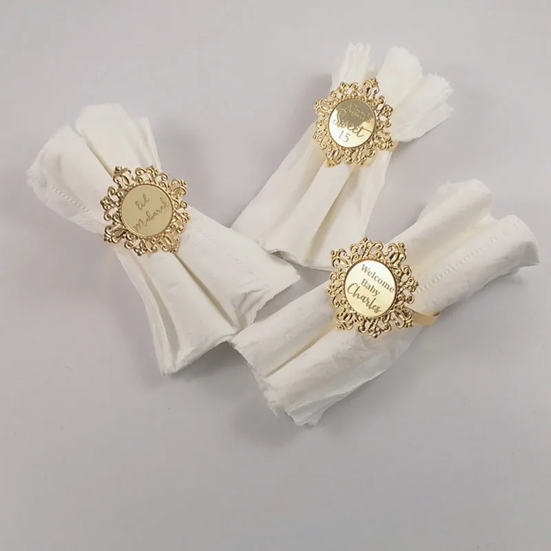 Customizable Gold Napkin Rings for Dinner Table Wedding Decoration Party Accessories Personalized Hebrew Arabic Napin Holder