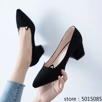 

Black High Heels Spring 2020 Fashion Slip on Office Dress Shoes Woman Pointed Toe Ear Block Heel Women Pumps Big Size