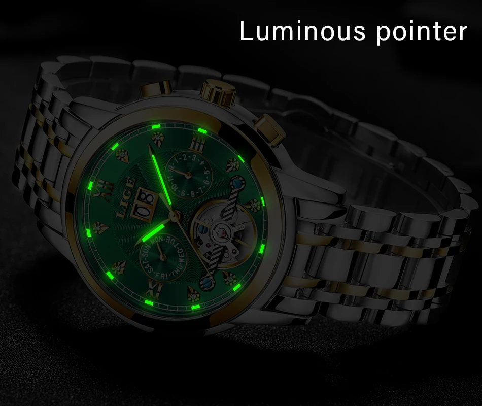 Lige genuíno relógio masculino automático mecânico tourbillon