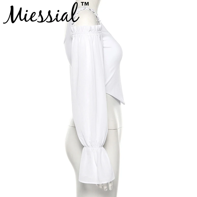 Miessial, белая, с оборками, открытая, Элегантная блузка, для женщин, с длинным рукавом, в винтажном стиле, блузка, Осень-зима, вечерние, Клубные, сексуальные блузки, топы