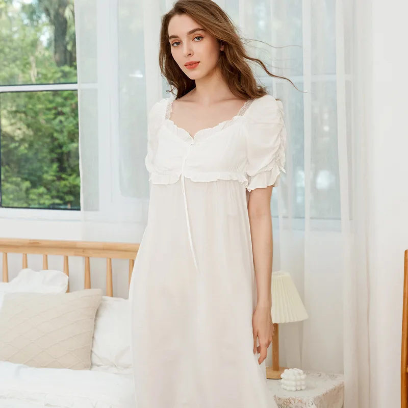 

Europe/America Short-sleeved Nightdress Ruffled Plus Size Loose Nightgowns for Women Princess White Viscose Lace Sleeping Dress