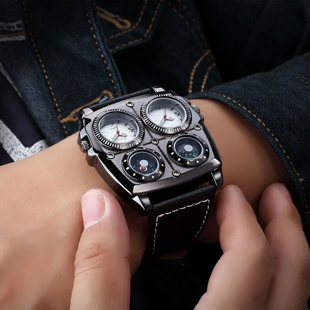 Unique Creative Watches Two Time Zone Army Pilot Style Watch Big Size Military Quartz Clock Male Leather Strap Quartz Wristwatch