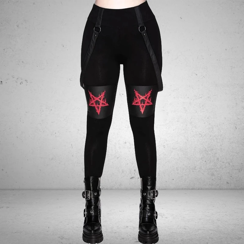 Women Pants Gothic Bodycon Pencil Pants Summer Black Punk Style Streetwear High Waist Five-pointed Star Print Leggings Fashion 1