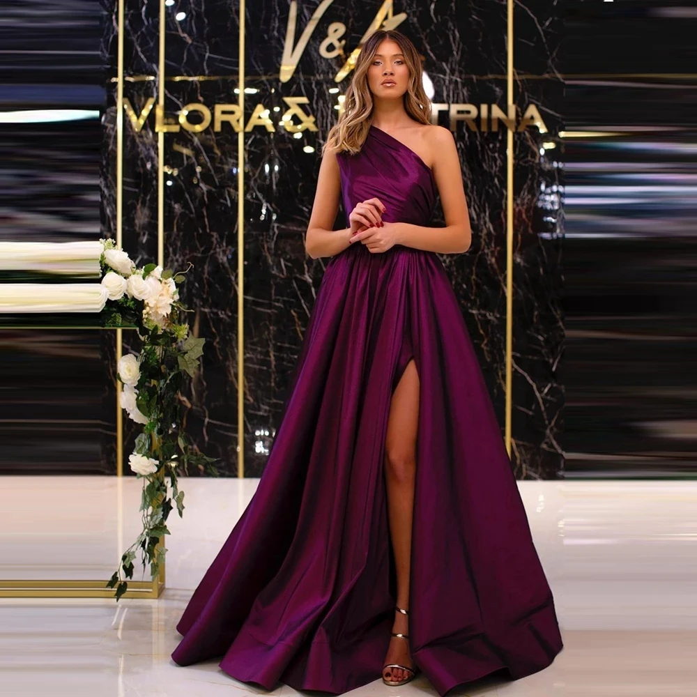 

Vinca Sunny Simple Evening Dresses 2023 Purple Pleat Satin A-Line One-Shoulder Sleeveless Floor-Length Party Night Prom Dresses