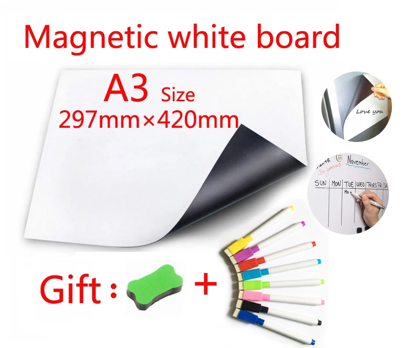 

A3 Size 297x420mm Magnetic WhiteBoard Fridge Magnets Dry-erase Calendar Kids School Board Memo White Board Marker Pen Eraser
