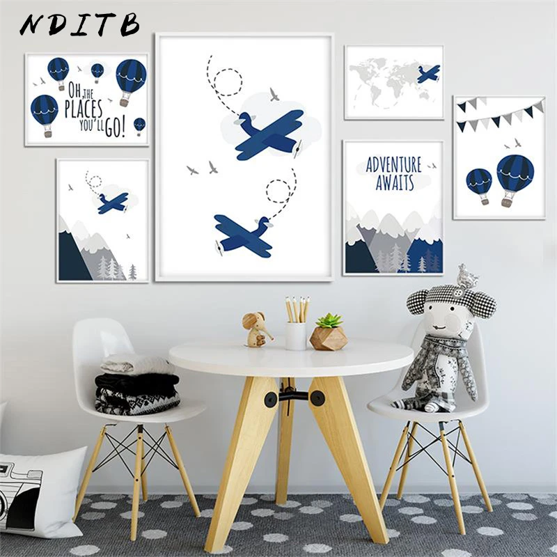 Aventure Avion Montagne Pepiniere Toile Peinture Enfant Bleu Dessin Anime Affiche Art Imprimer Nordique Enfants Bebe Chambre Decoration Photo Aliexpress