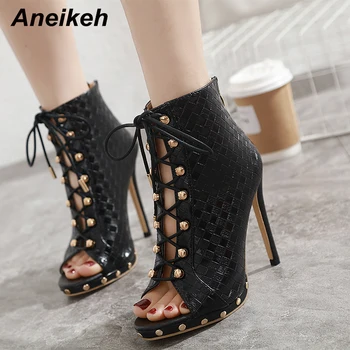 

Aneikeh 2020 Crocodile pattern Fashion Women Rivets Boots Square High Heels Shoes Open toe Sexy Cross Lace-Up Boots Party Size 9