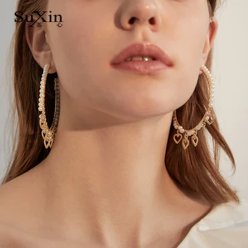 

SuXin earrings simple retro C letter love tassel earrings for women long artificial pearl pendant earrings jewelry gift