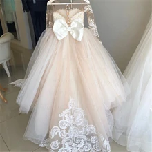 Abito da ragazza di fiore classico in Tulle con applicazioni in pizzo con fiocco manica lunga per abiti da ballo per la prima comunione di compleanno di nozze