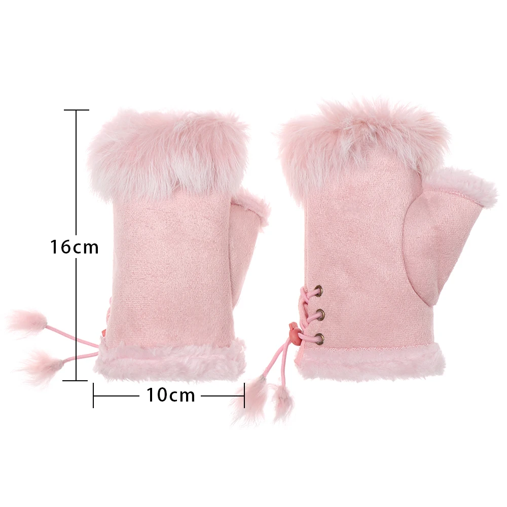 Зимние осенние теплые модные наручные перчатки для девочек из искусственного кроличьего меха, вязаные женские вязаные варежки без пальцев, перчатки с открытыми пальцами