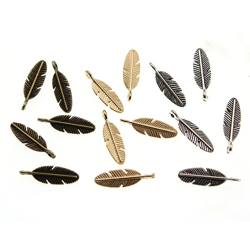 

20pcs 21*6mm KC Gold/Antique Silver/Bronze Feather & Tree Leaf Charms Necklace Bracelet Pendants DIY Jewelry Material Findings