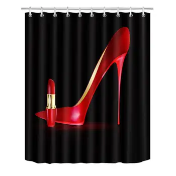 

Red High Heels Lipstick Shower Curtain Modern Fashion Girl Black Bathroom Curtain Waterproof Polyester Fabric Bath Curtain