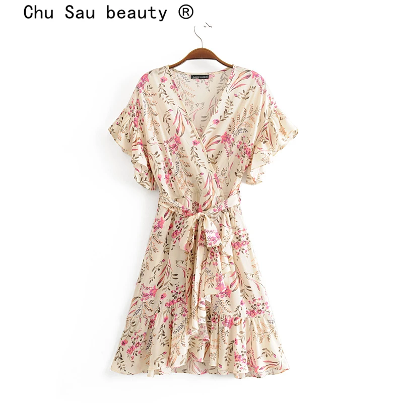 

Chu Sau beauty 2019 Boho Chic Floral Print Ruffles Midi Dress Women Holiday Sashes Fashion Wrap dresses Female New Beachwear