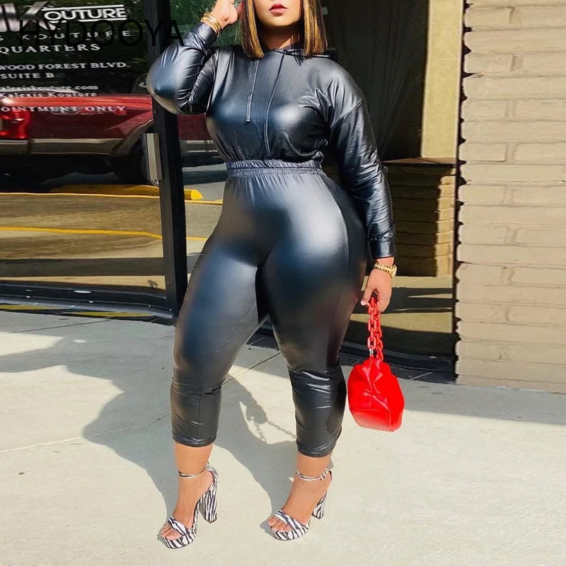 Bright Faux PU Leather Plus Size 2 Piece Set Women Clothing Hooded Long Sleeve Tops and Slim Pant Suits Dropshipping Wholesale