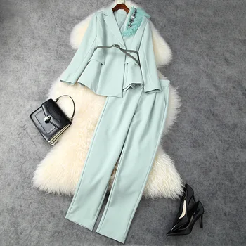 

European and American women's clothing 2020 autumn new style Long-sleeved drill jacket Nine minutes of pants Fashion suits