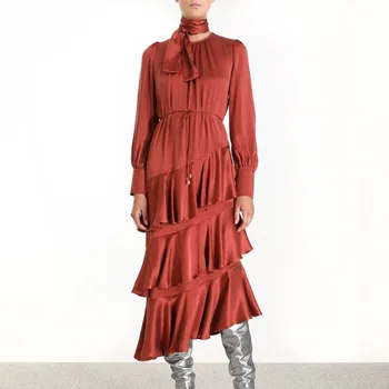 

High Quality Elegant European Women Solid Satin Dresses Long Sleeve Summer Layers Ruffles Asymmetrical Dress